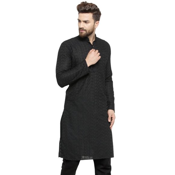 Designer Black Cotton Chikankari Lucknowi Jaal Embroidered Kurta for Men - Picture 2 of 6